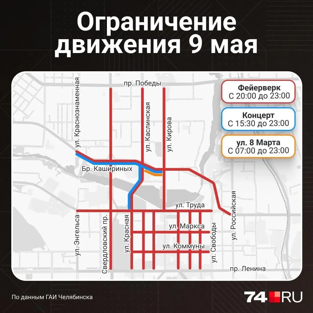 Участок у пересечения Каслинской и улицы Братьев Кашириных закроют через 10 минут; с 20:00 будет перекрыт весь центр.