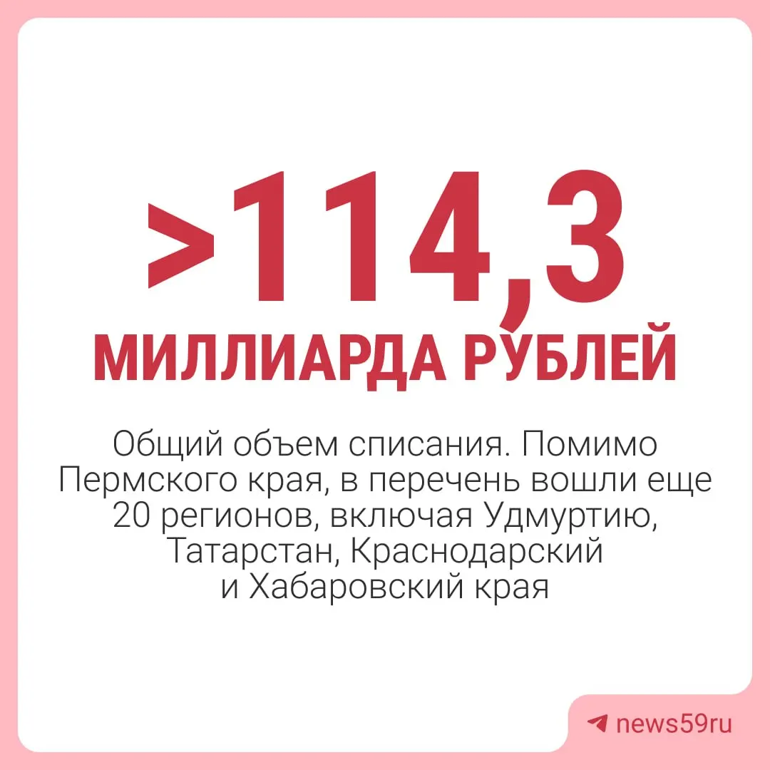 Решение правительства России предусматривает списание задолженности Пермского края перед федеральным бюджетом на 1 марта 2024 года — за исключением средств на инфраструктурные проекты и некоторых краткосрочных займов.