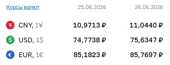 Официальный курс Центробанка на 26 июня: доллар — 75,63 ₽; евро — 85,77 ₽; юань — 11,04 ₽.