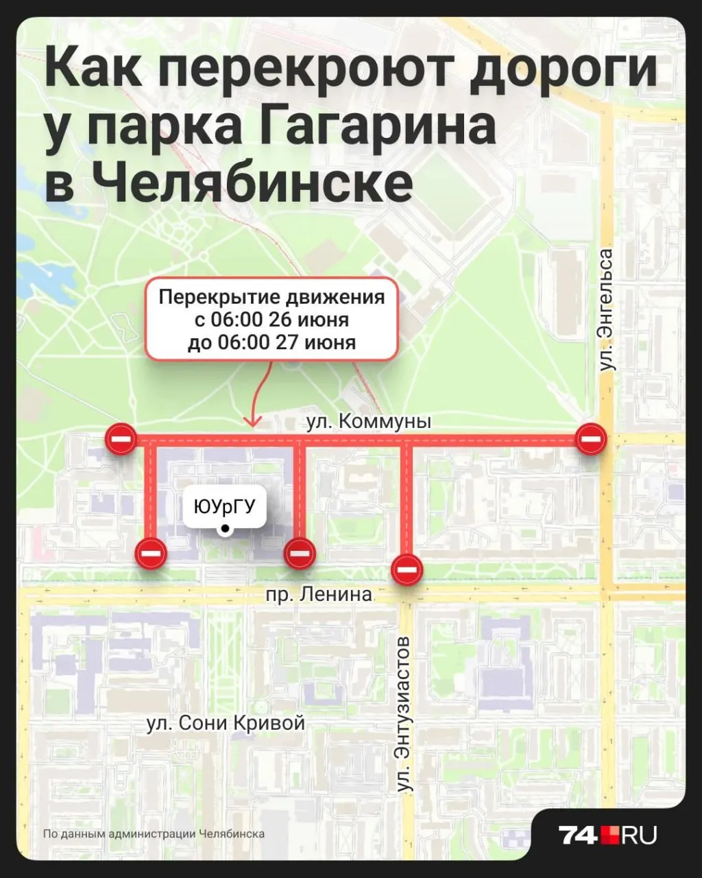 С 6 утра 26 июня в районе парка начнётся подготовка к «Атомному выпускному»: выпускников привезут на концерт и аттракционы, поэтому на нескольких прилегающих улицах временно запретят движение.
