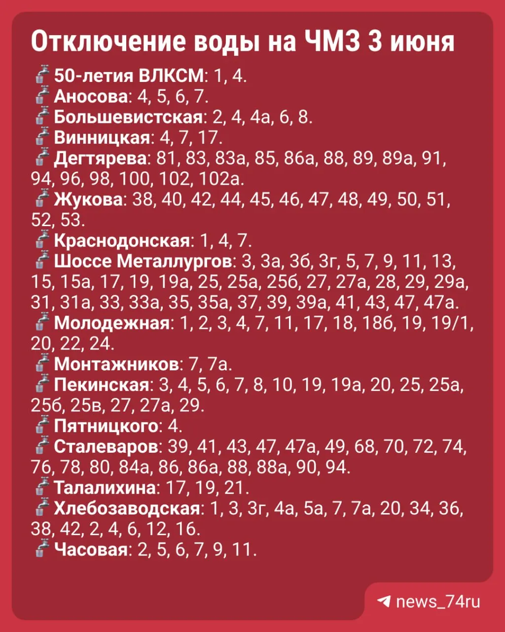 Плановые работы на водоводе 3 июня с 9:00 до 22:00 оставят без холодной и горячей воды 160 домов ЧМЗ. В некоторых районах могут снизиться напоры; бесплатно взять воду можно в работающих водоматах.