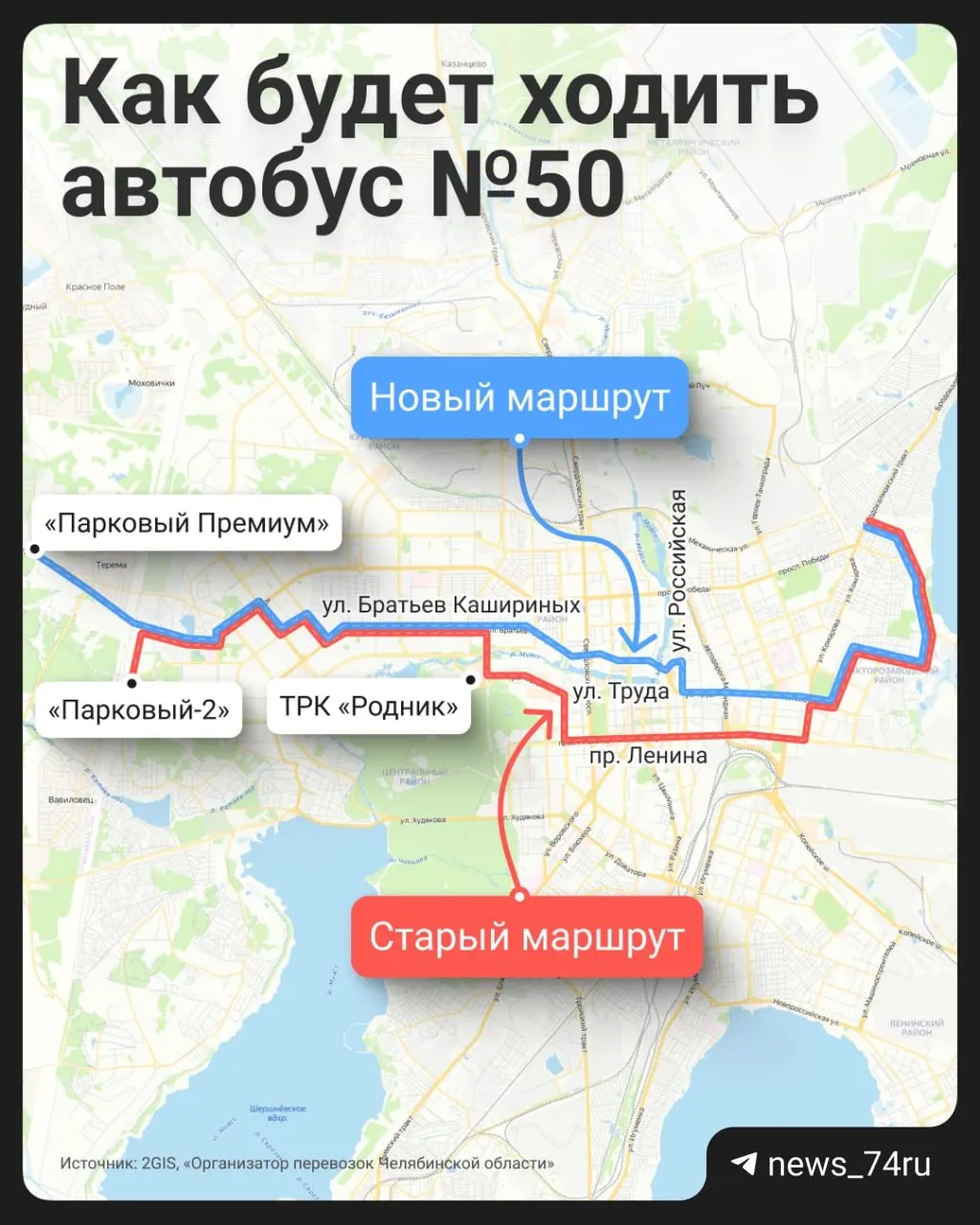 Маршрут №50 перейдёт на регулируемый тариф, начальной остановкой станет посёлок Пригородный («Парковый Премиум»), а в центр автобус будет идти по улице Труда, не заезжая на проспект Ленина.