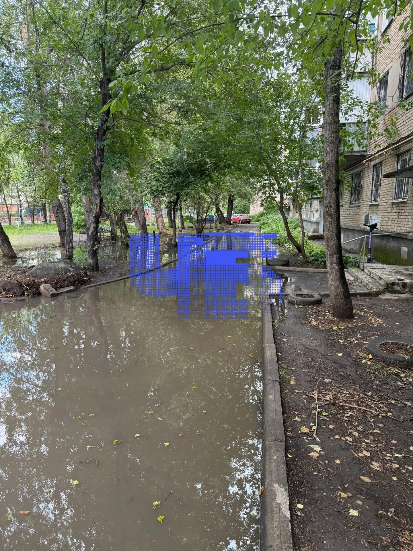 Жители жалуются на затопление двора после дождей, отсутствие отвода воды и рост плесени; собственники требуют проверки УК и устранения проблемы.