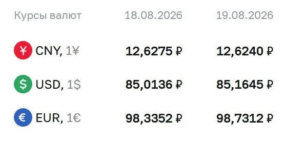 На 19 августа доллар стоит около 85,16 ₽, евро — 98,73 ₽, юань — 12,62 ₽; расчеты по ряду инструментов проводится по курсу Банка России.